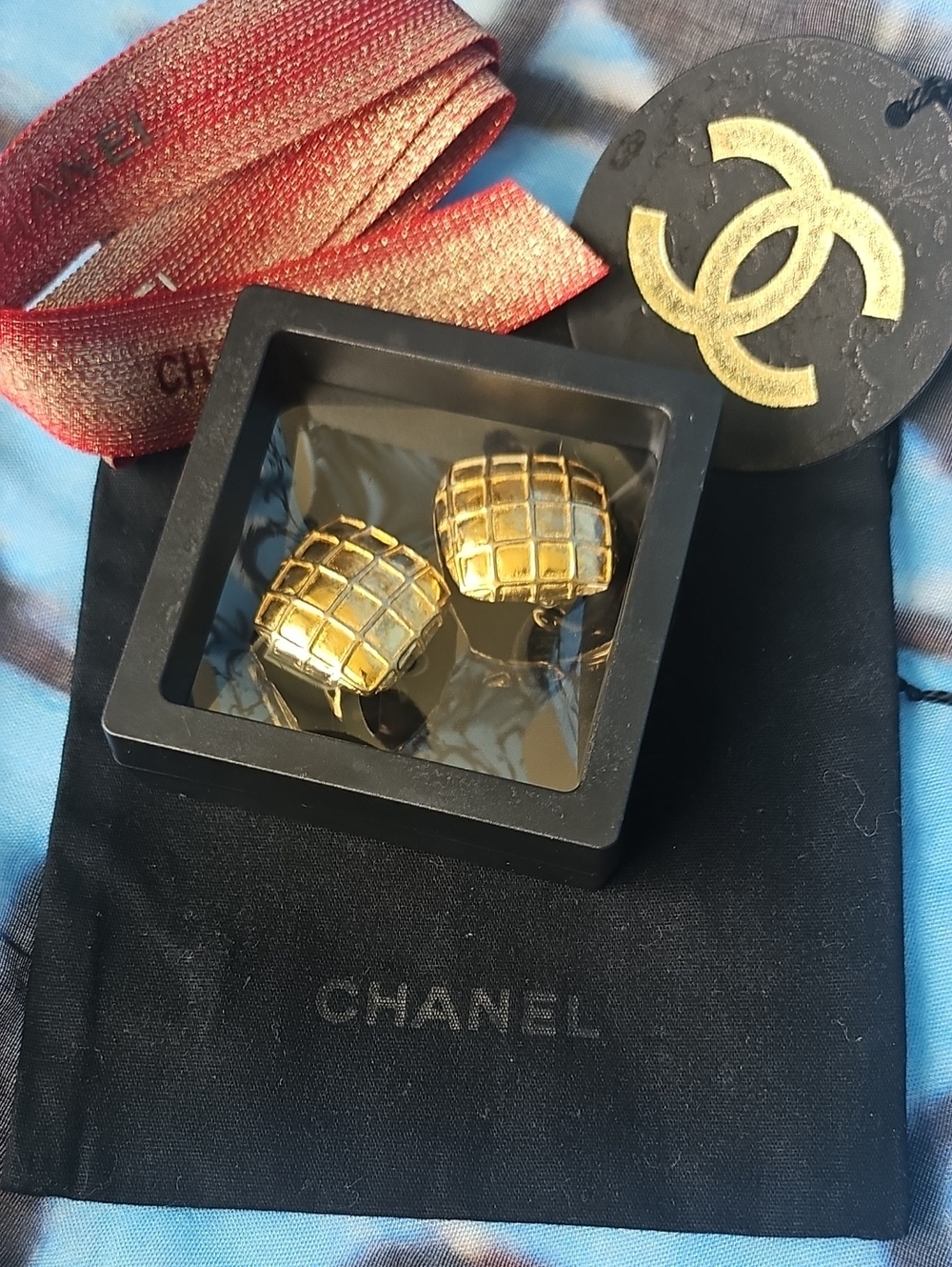 CHANEL Gold Quilted Diamond Grid Earrings Clip Ons